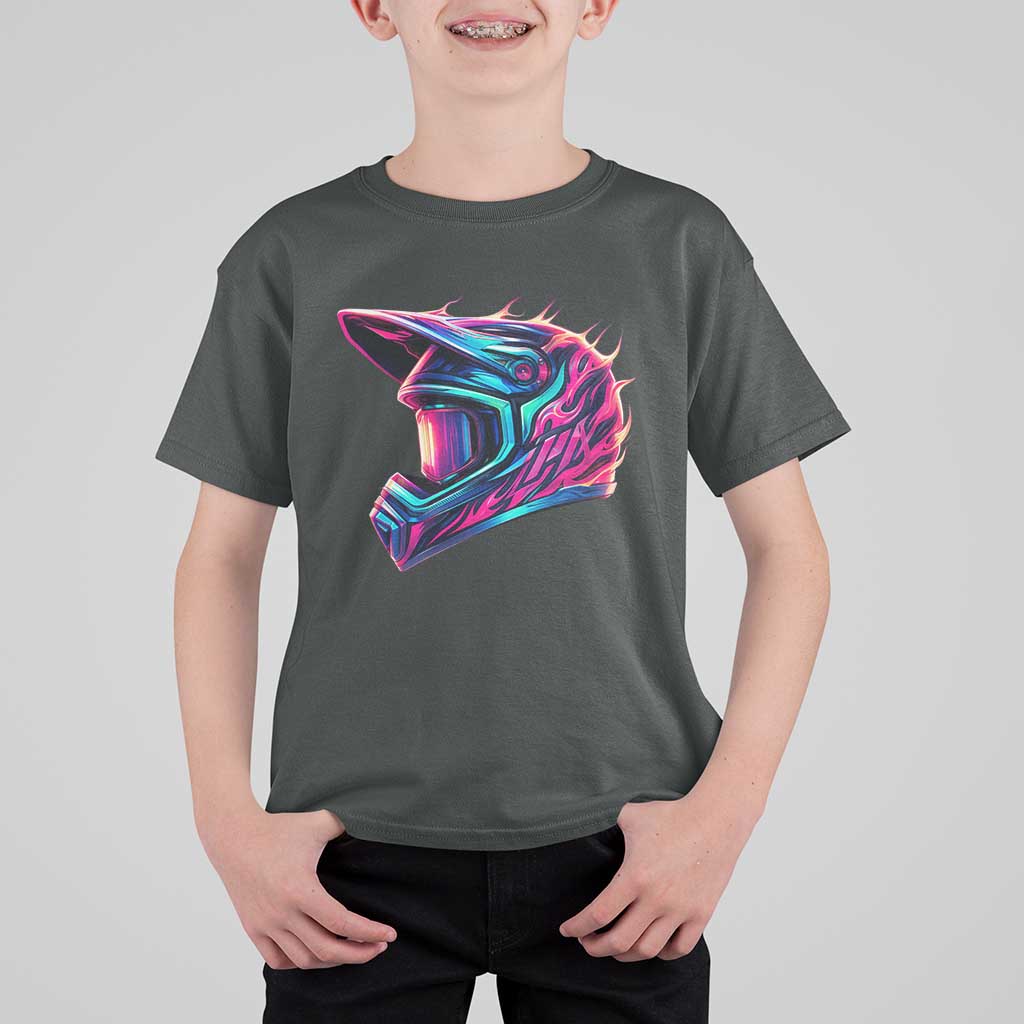 Motocross Helmet Neon Flame Graphic Dirt Bike Racing T Shirt For Kid