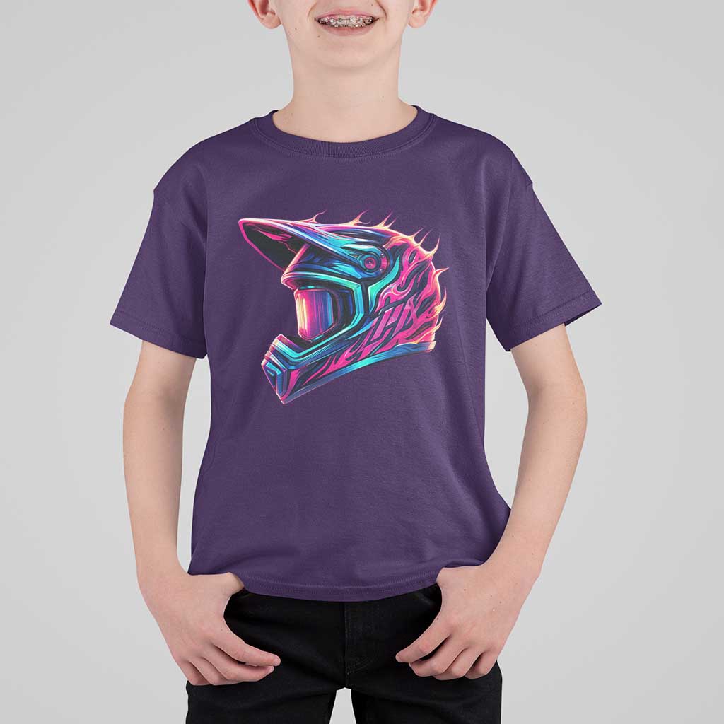 Motocross Helmet Neon Flame Graphic Dirt Bike Racing T Shirt For Kid