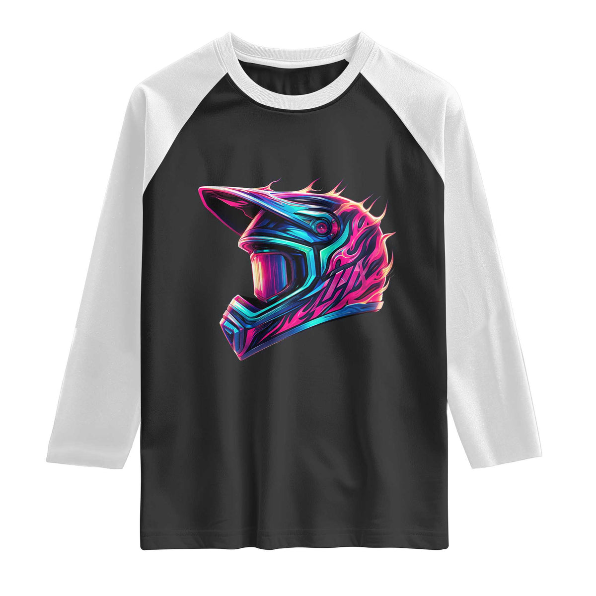 Motocross Helmet Neon Flame Graphic Dirt Bike Racing Raglan Shirt