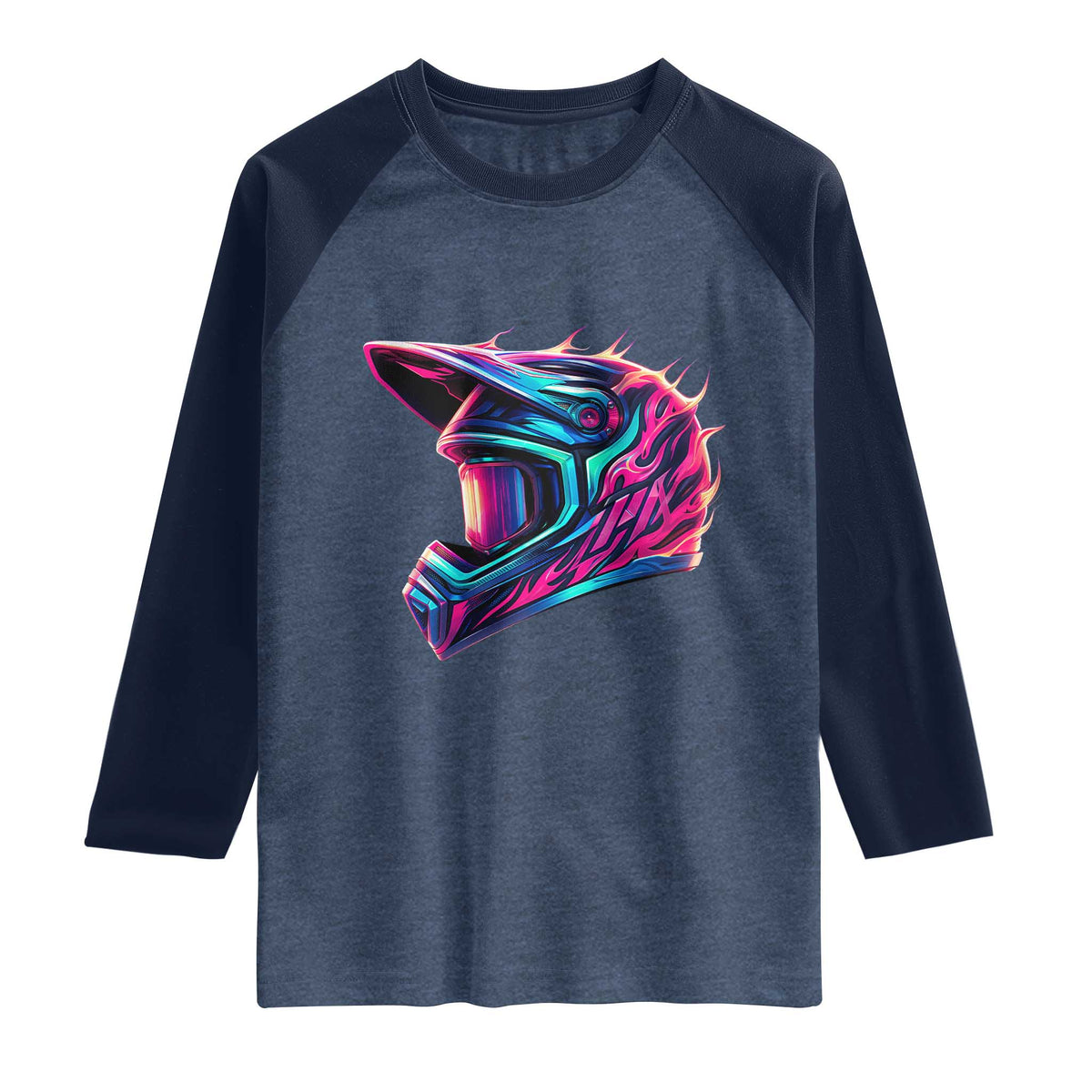 Motocross Helmet Neon Flame Graphic Dirt Bike Racing Raglan Shirt