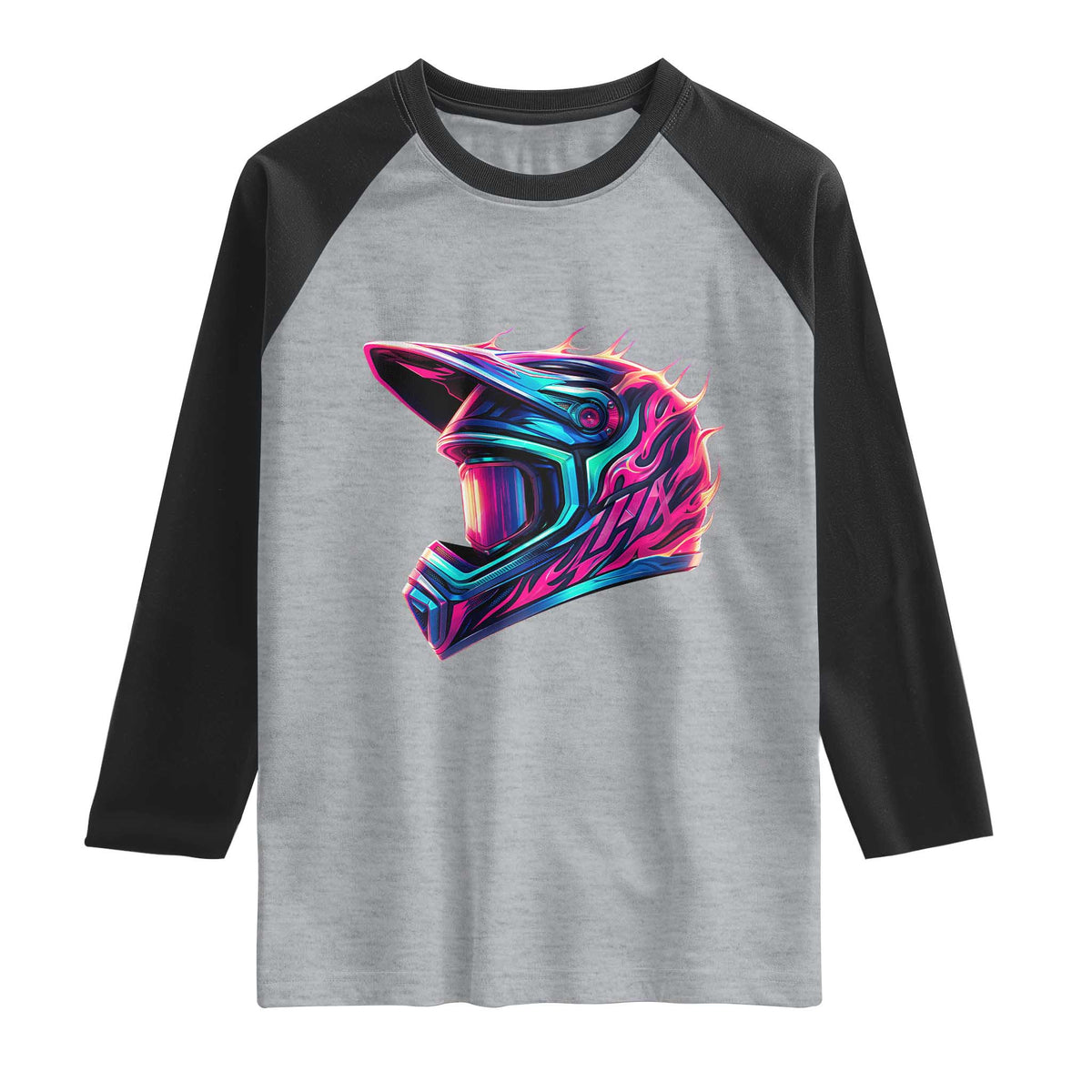 Motocross Helmet Neon Flame Graphic Dirt Bike Racing Raglan Shirt