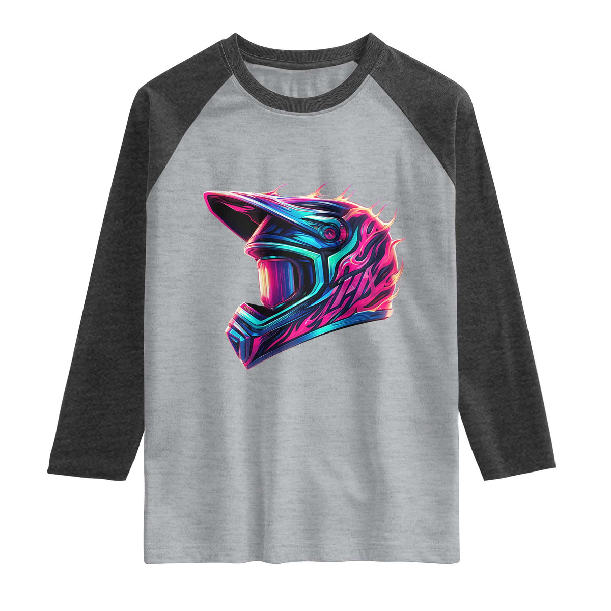 Motocross Helmet Neon Flame Graphic Dirt Bike Racing Raglan Shirt