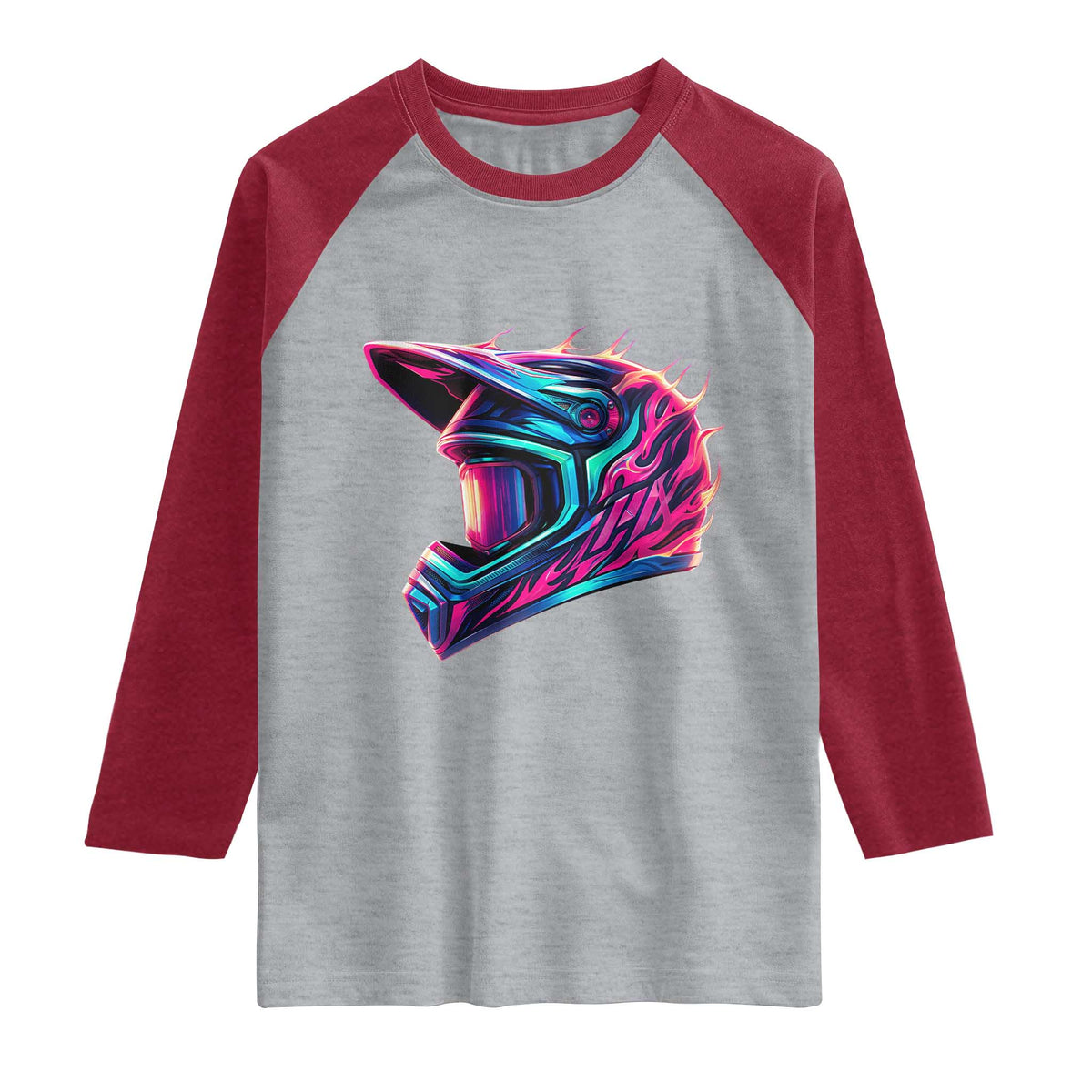 Motocross Helmet Neon Flame Graphic Dirt Bike Racing Raglan Shirt