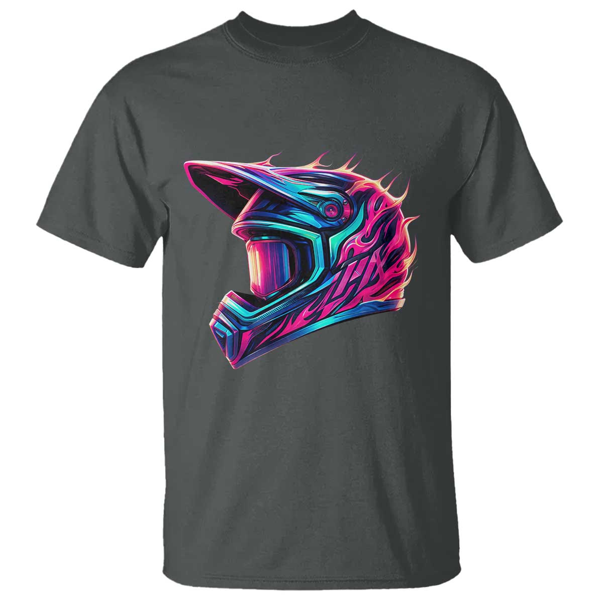 Motocross Helmet Neon Flame Graphic Dirt Bike Racing T Shirt