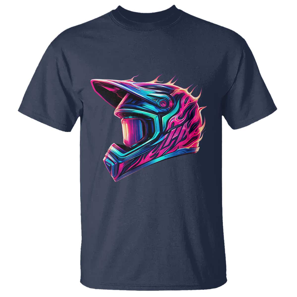 Motocross Helmet Neon Flame Graphic Dirt Bike Racing T Shirt