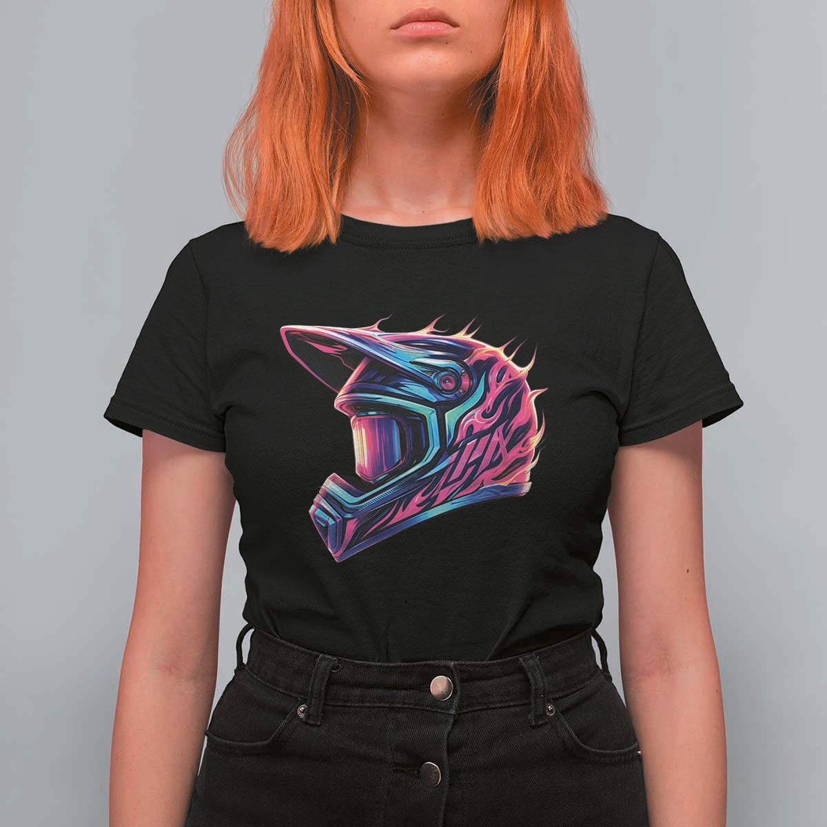 Motocross Helmet Neon Flame Graphic Dirt Bike Racing T Shirt For Women