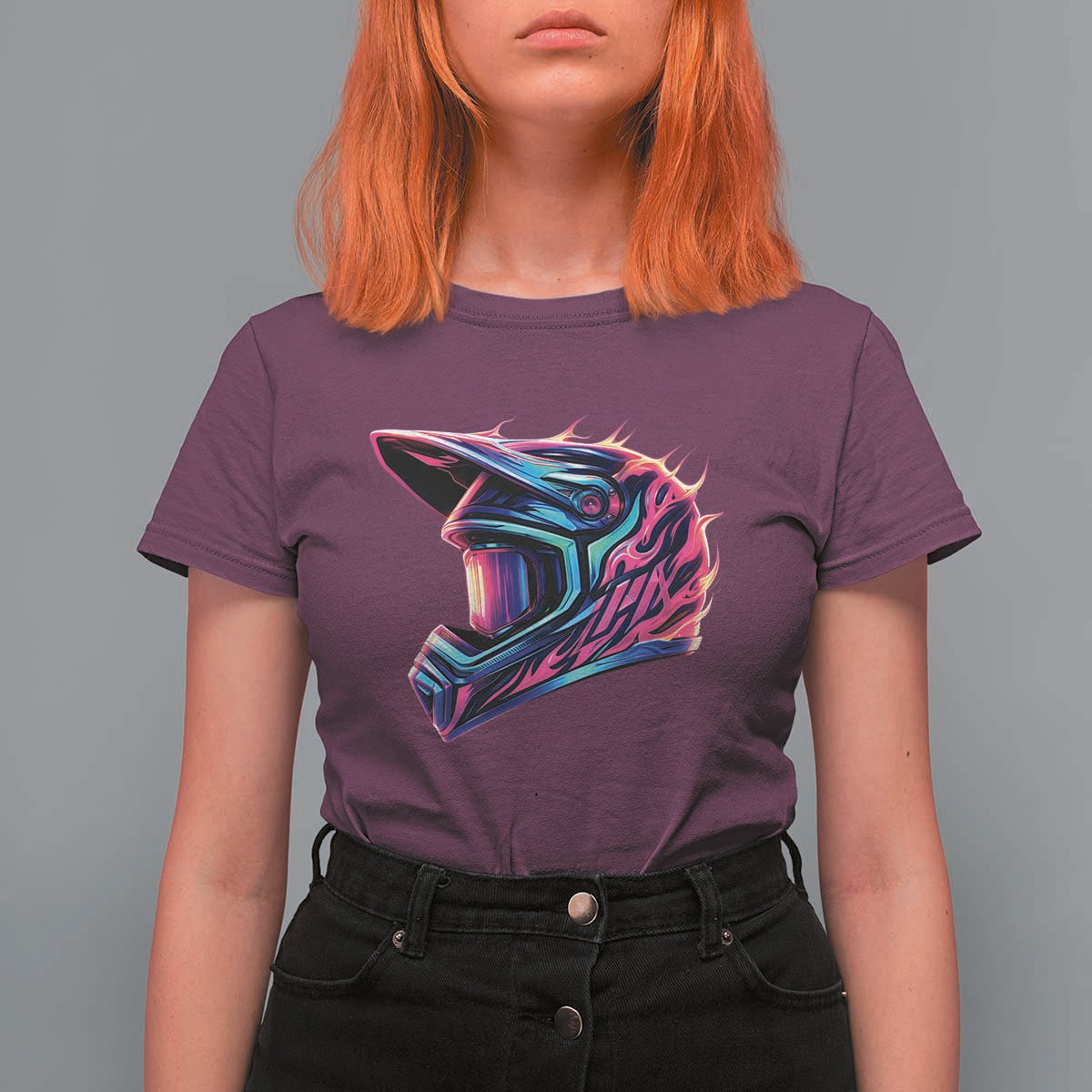 Motocross Helmet Neon Flame Graphic Dirt Bike Racing T Shirt For Women