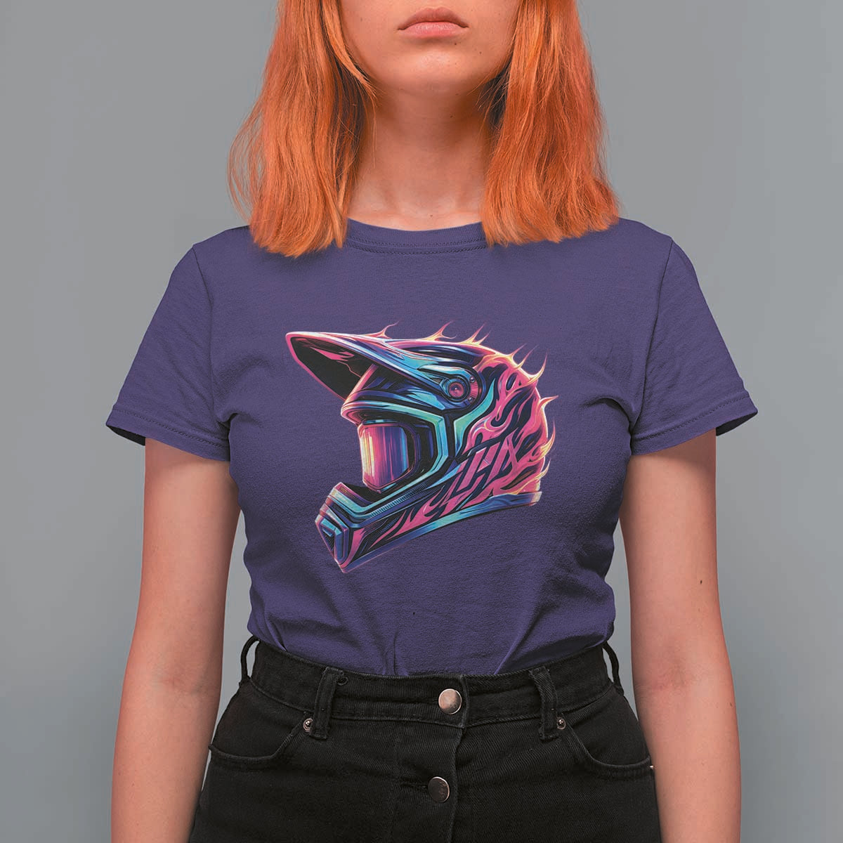 Motocross Helmet Neon Flame Graphic Dirt Bike Racing T Shirt For Women