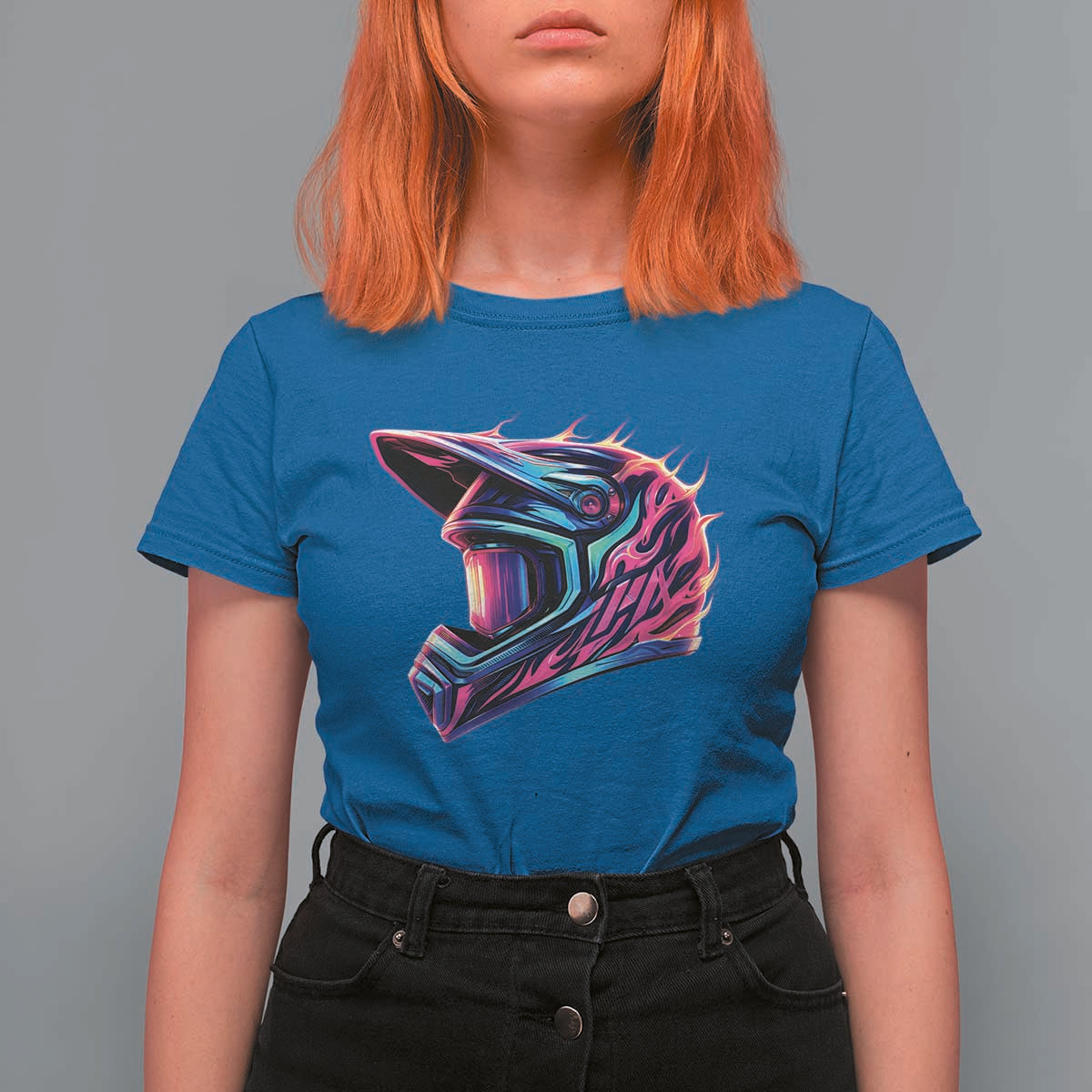 Motocross Helmet Neon Flame Graphic Dirt Bike Racing T Shirt For Women