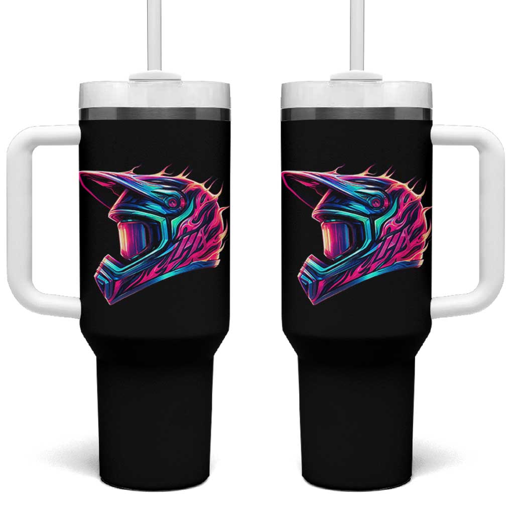 Motocross Helmet Neon Flame Graphic Dirt Bike Racing Tumbler With Handle