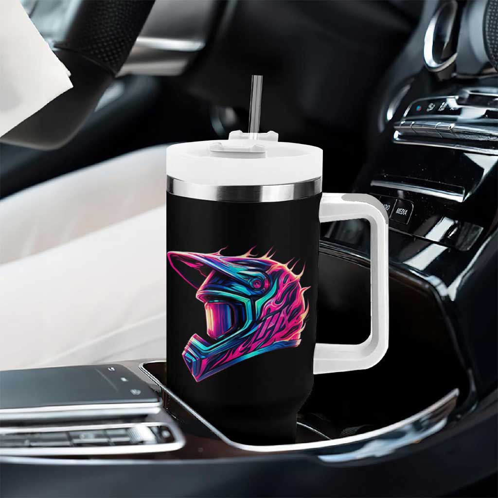 Motocross Helmet Neon Flame Graphic Dirt Bike Racing Tumbler With Handle