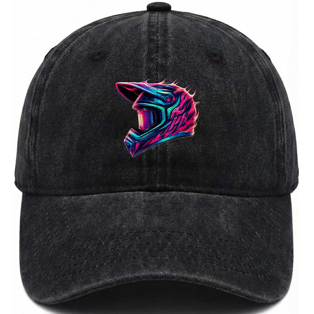 Motocross Helmet Neon Flame Graphic Dirt Bike Racing Washed Cotton Baseball Cap