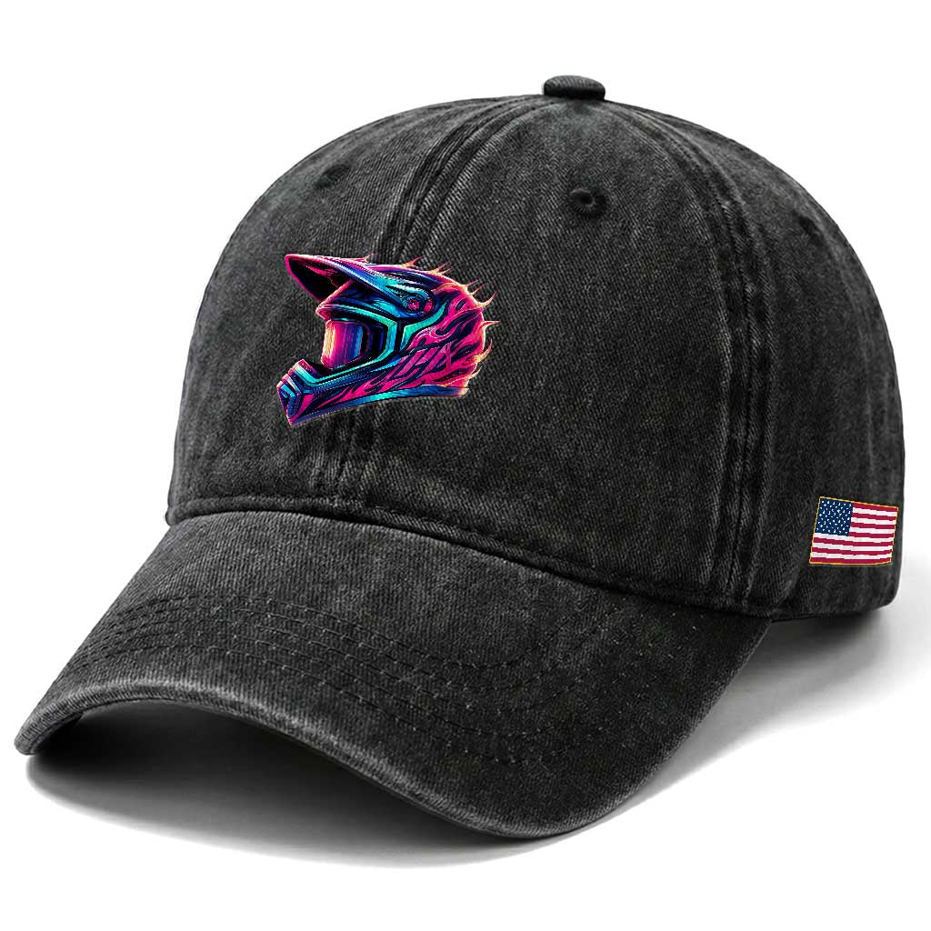 Motocross Helmet Neon Flame Graphic Dirt Bike Racing Washed Cotton Baseball Cap