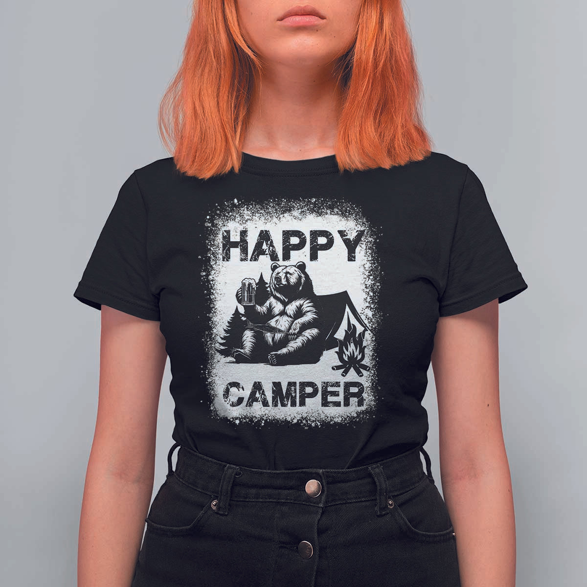Camping Lover T Shirt For Women Happy Camper Funny Bear Campfire Beer - Wonder Print Shop