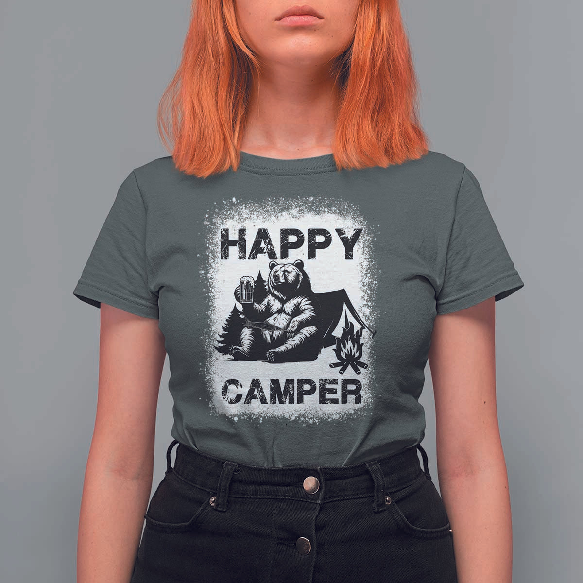 Camping Lover T Shirt For Women Happy Camper Funny Bear Campfire Beer - Wonder Print Shop