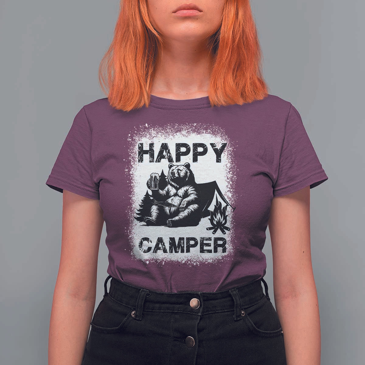 Camping Lover T Shirt For Women Happy Camper Funny Bear Campfire Beer - Wonder Print Shop