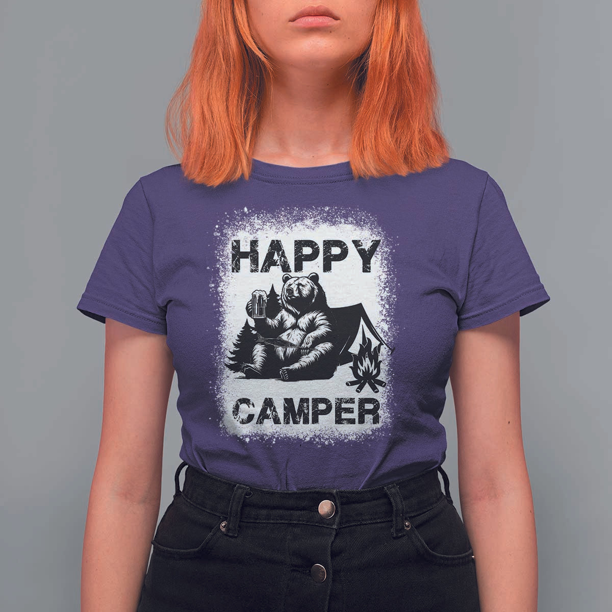 Camping Lover T Shirt For Women Happy Camper Funny Bear Campfire Beer - Wonder Print Shop