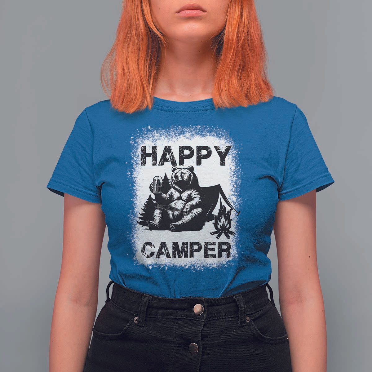 Camping Lover T Shirt For Women Happy Camper Funny Bear Campfire Beer - Wonder Print Shop