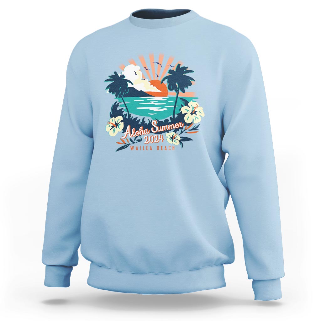Summer Beach Sweatshirt Vintage Aloha Summer 2024 Wailea Hibiscus Flower - Wonder Print Shop