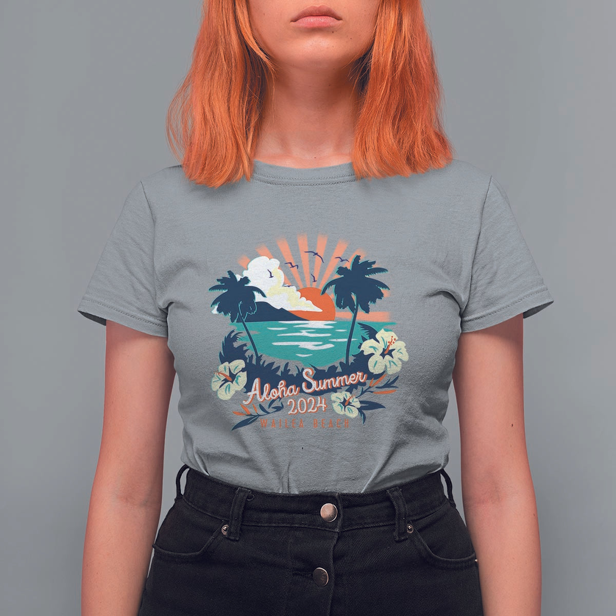 Summer Beach T Shirt For Women Vintage Aloha Summer 2024 Wailea Hibiscus Flower - Wonder Print Shop