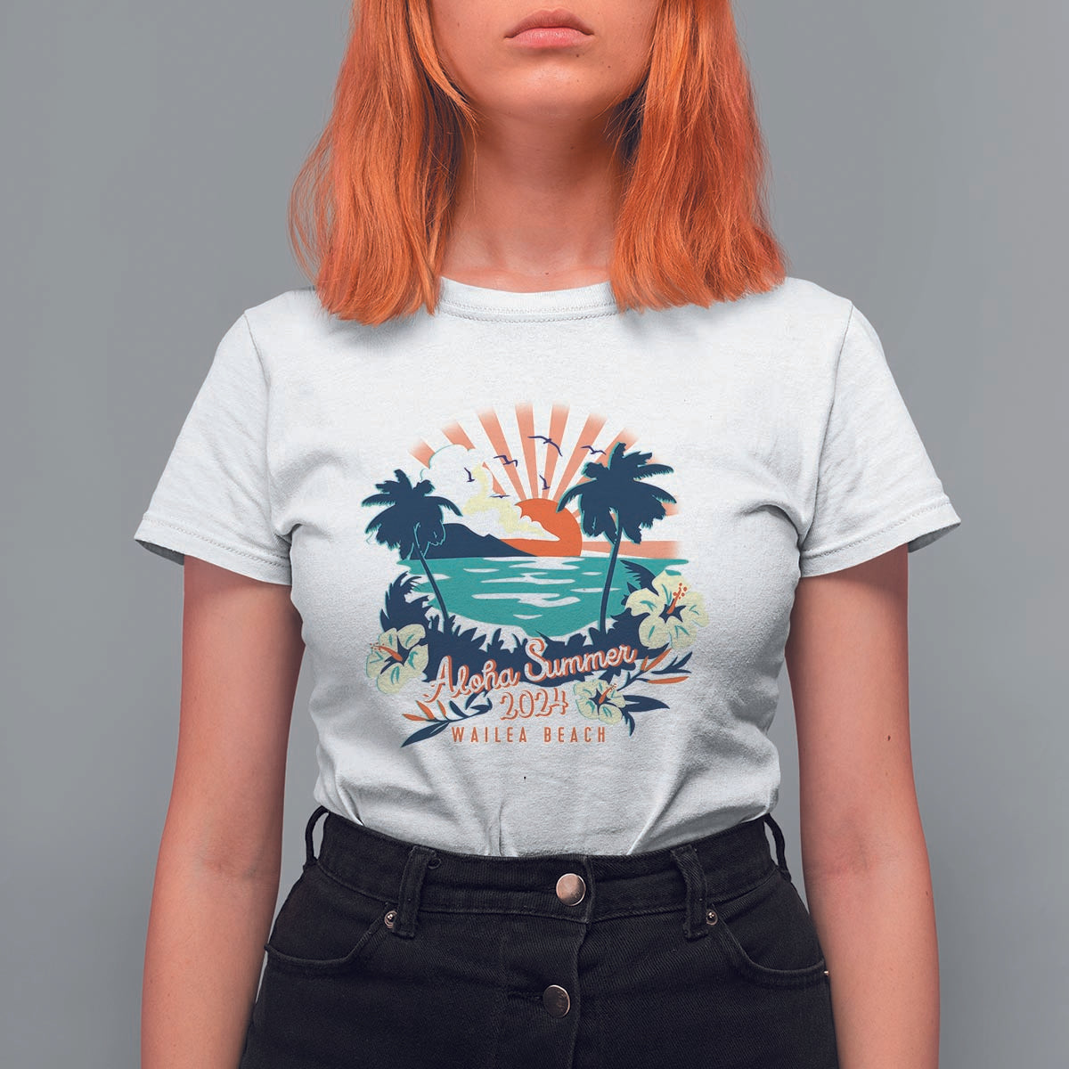 Summer Beach T Shirt For Women Vintage Aloha Summer 2024 Wailea Hibiscus Flower - Wonder Print Shop