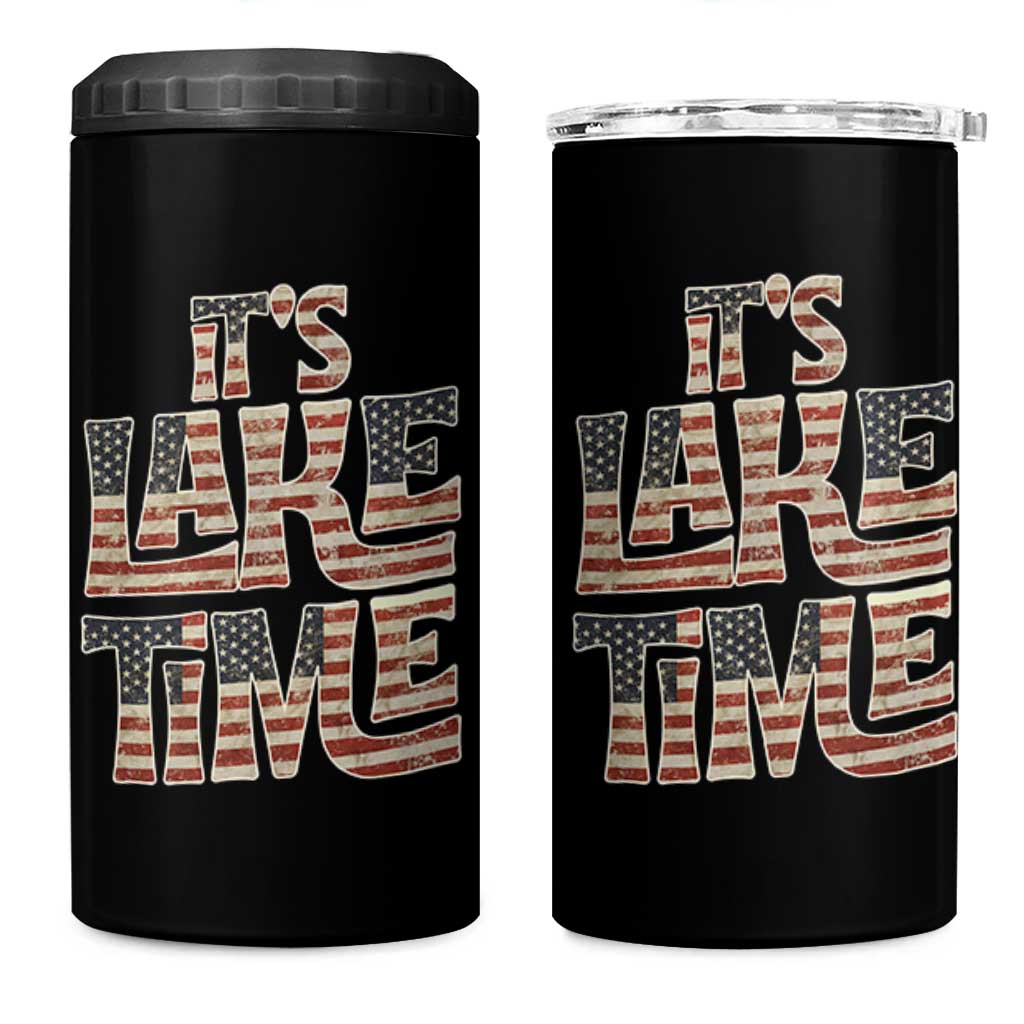 Funny It's Lake Time 4 in 1 Can Cooler Tumbler Patriotic Boater American Flag USA 4th of July - Wonder Print Shop