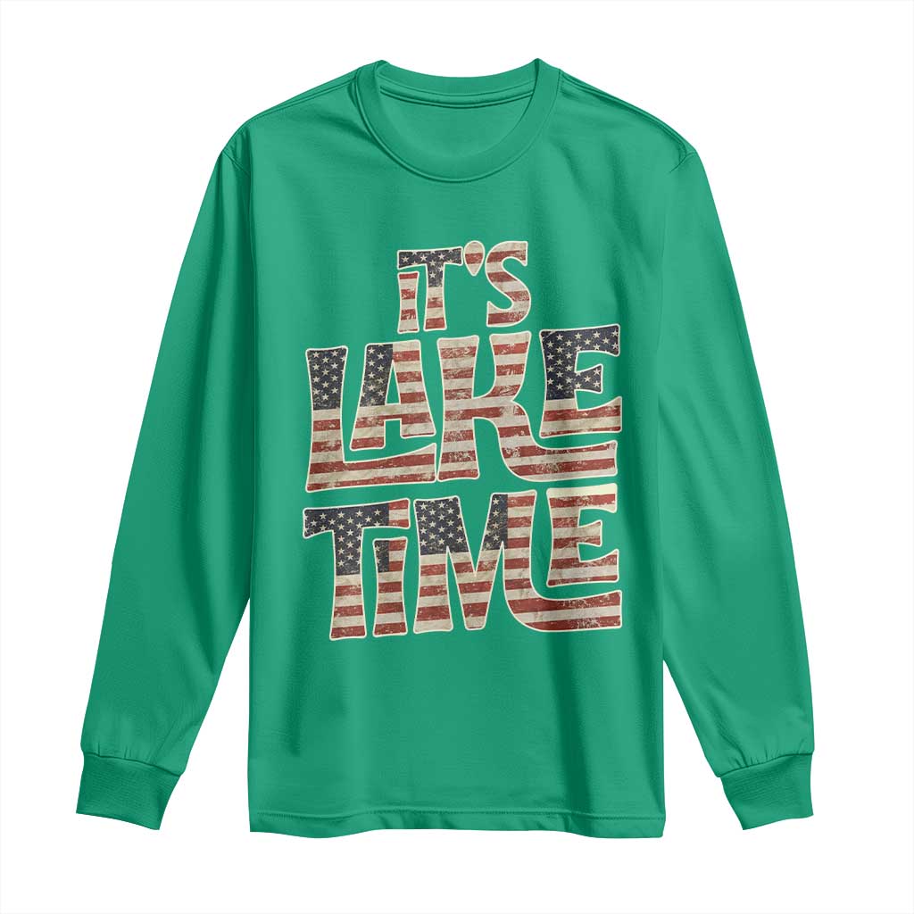 Funny It's Lake Time Long Sleeve Shirt Patriotic Boater American Flag USA 4th of July - Wonder Print Shop