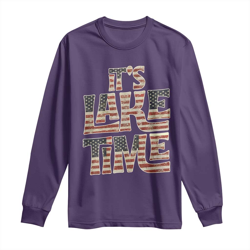 Funny It's Lake Time Long Sleeve Shirt Patriotic Boater American Flag USA 4th of July - Wonder Print Shop