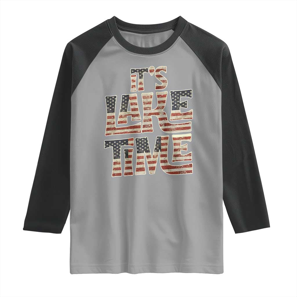 Funny It's Lake Time Raglan Shirt Patriotic Boater American Flag USA 4th of July - Wonder Print Shop