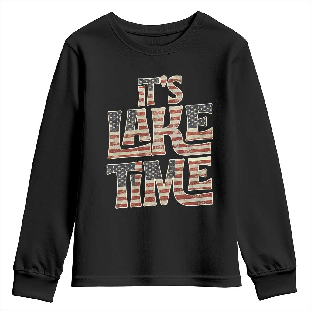 Funny It's Lake Time Youth Sweatshirt Patriotic Boater American Flag USA 4th of July - Wonder Print Shop