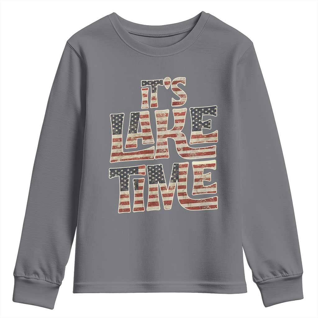 Funny It's Lake Time Youth Sweatshirt Patriotic Boater American Flag USA 4th of July - Wonder Print Shop