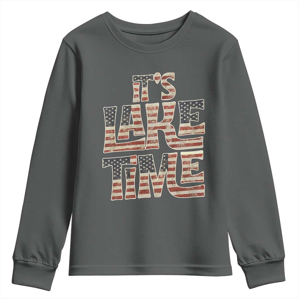 Funny It's Lake Time Youth Sweatshirt Patriotic Boater American Flag USA 4th of July - Wonder Print Shop