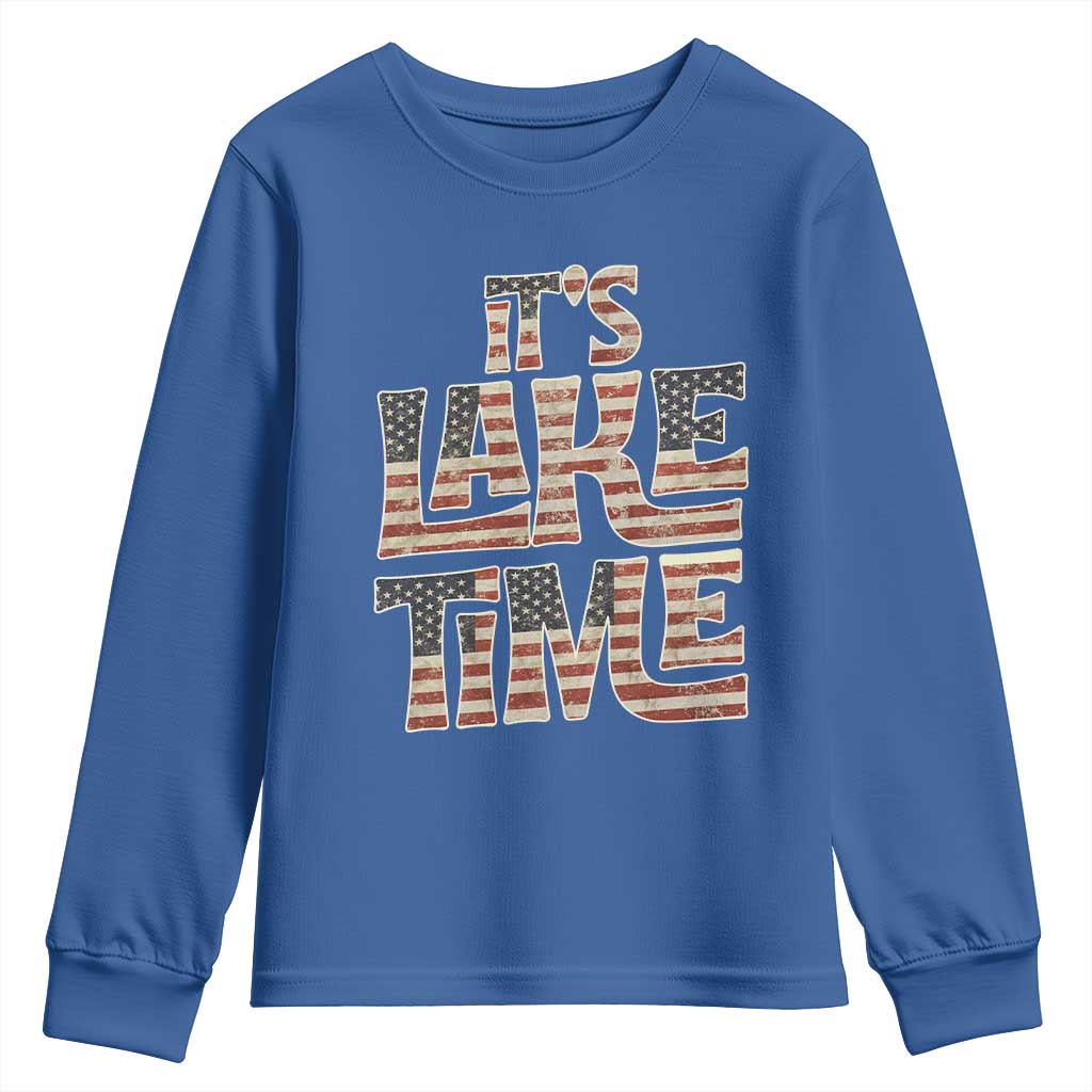 Funny It's Lake Time Youth Sweatshirt Patriotic Boater American Flag USA 4th of July - Wonder Print Shop
