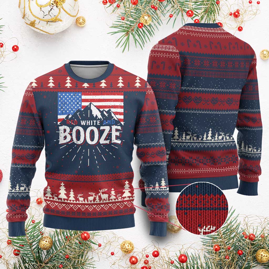 Funny Red White And Booze Knitted Sweatshirt 4th Of July Beer American Flag - Wonder Print Shop