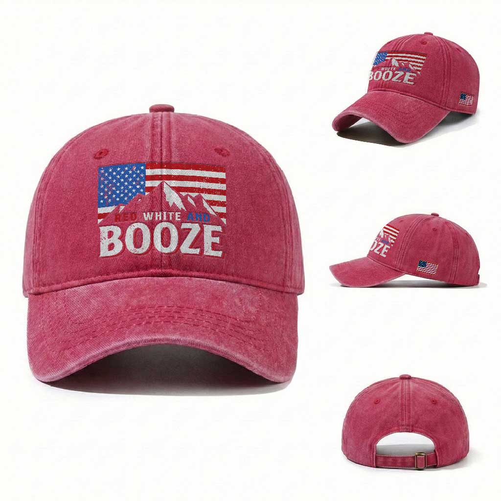 Funny Red White And Booze Washed Cotton Baseball Cap 4th Of July Beer American Flag