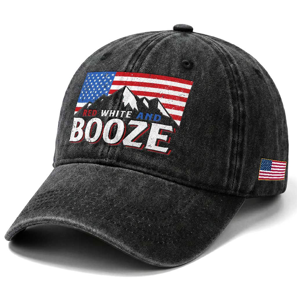 Funny Red White And Booze Washed Cotton Baseball Cap 4th Of July Beer American Flag