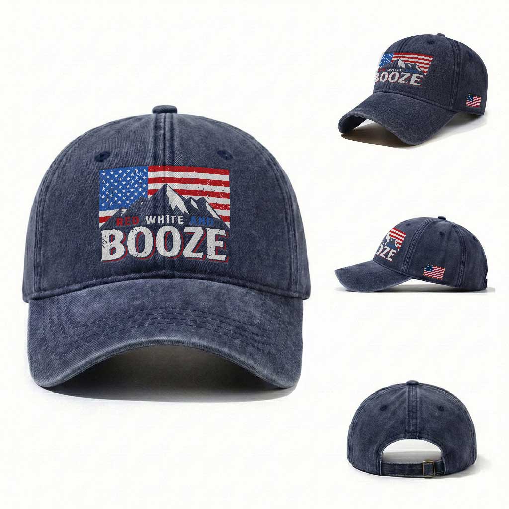 Funny Red White And Booze Washed Cotton Baseball Cap 4th Of July Beer American Flag
