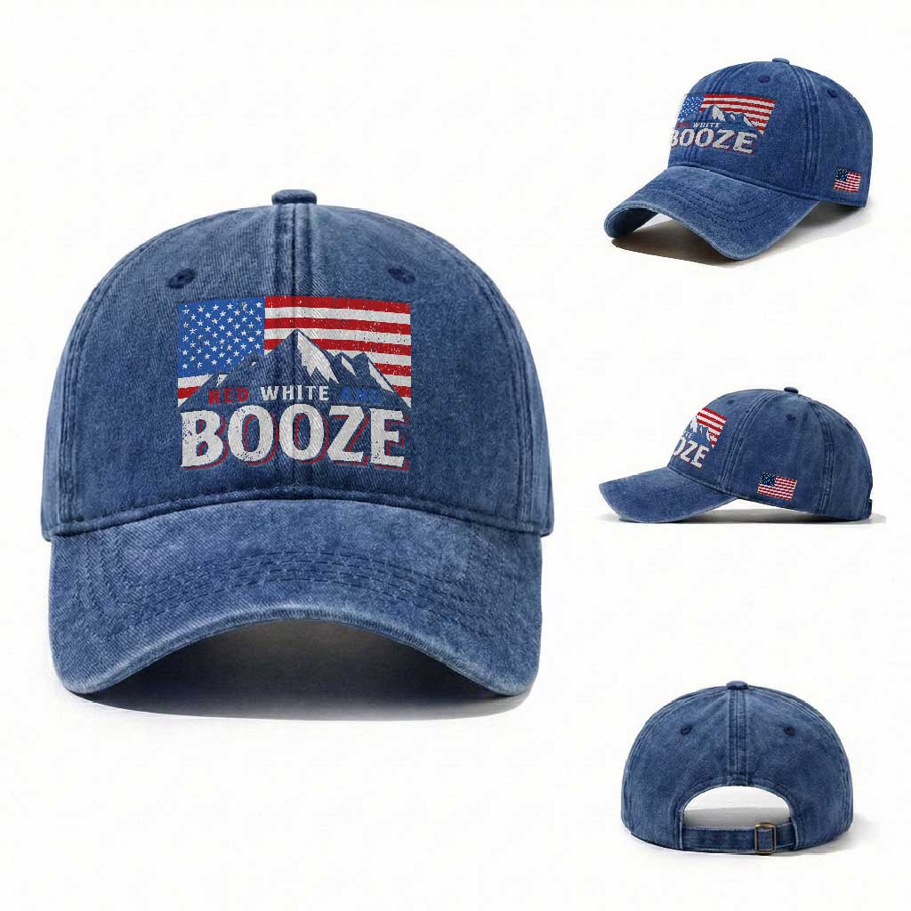 Funny Red White And Booze Washed Cotton Baseball Cap 4th Of July Beer American Flag