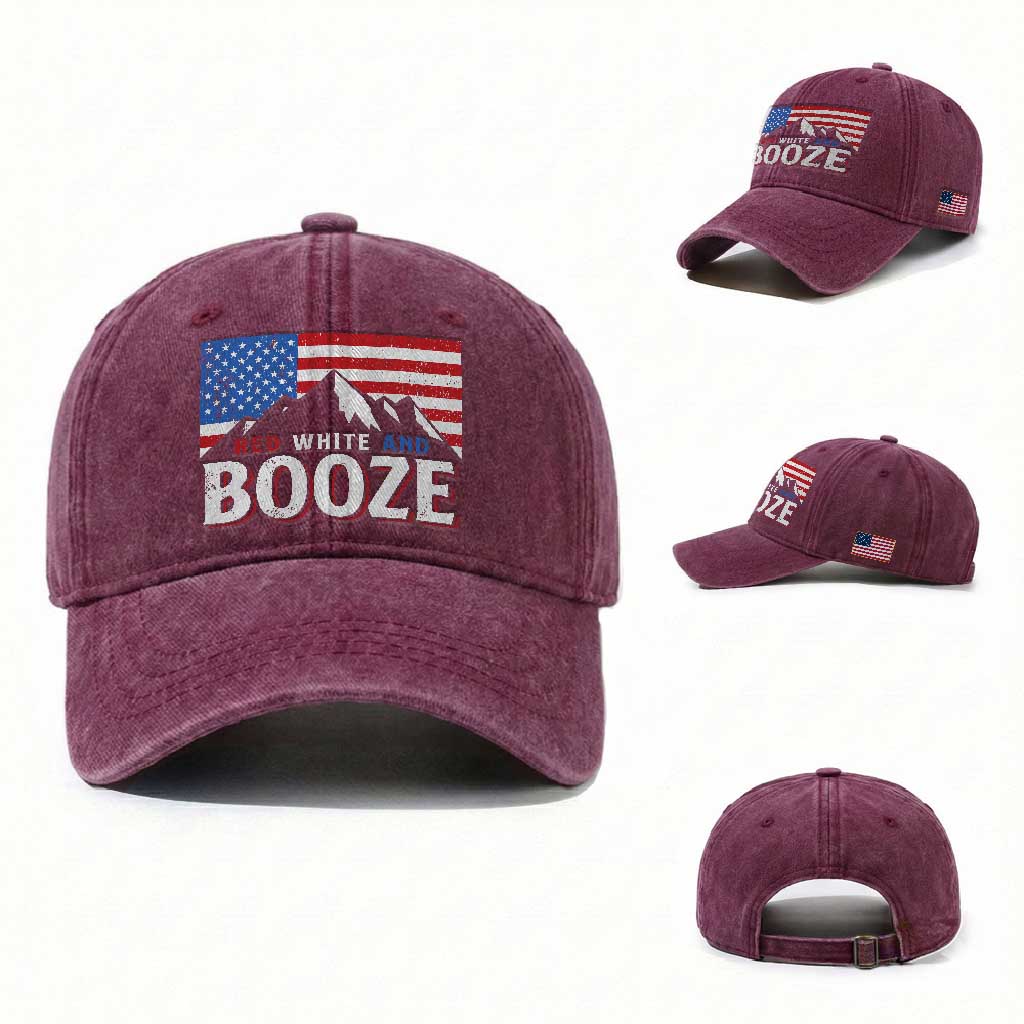 Funny Red White And Booze Washed Cotton Baseball Cap 4th Of July Beer American Flag
