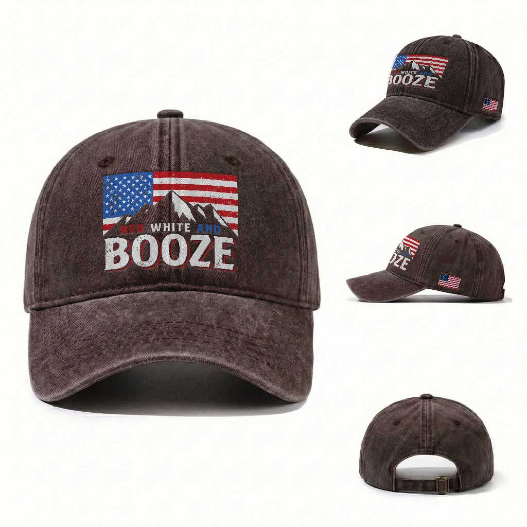 Funny Red White And Booze Washed Cotton Baseball Cap 4th Of July Beer American Flag