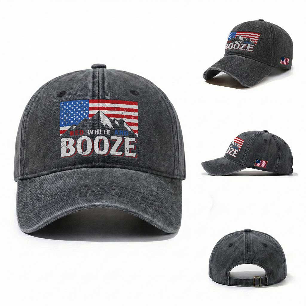 Funny Red White And Booze Washed Cotton Baseball Cap 4th Of July Beer American Flag