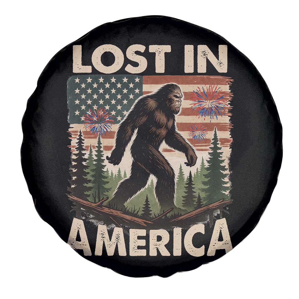 Funny 4th Of July Bigfoot Lost In America Spare Tire Cover Patriotic Sasquatch US Flag Fireworks - Wonder Print Shop