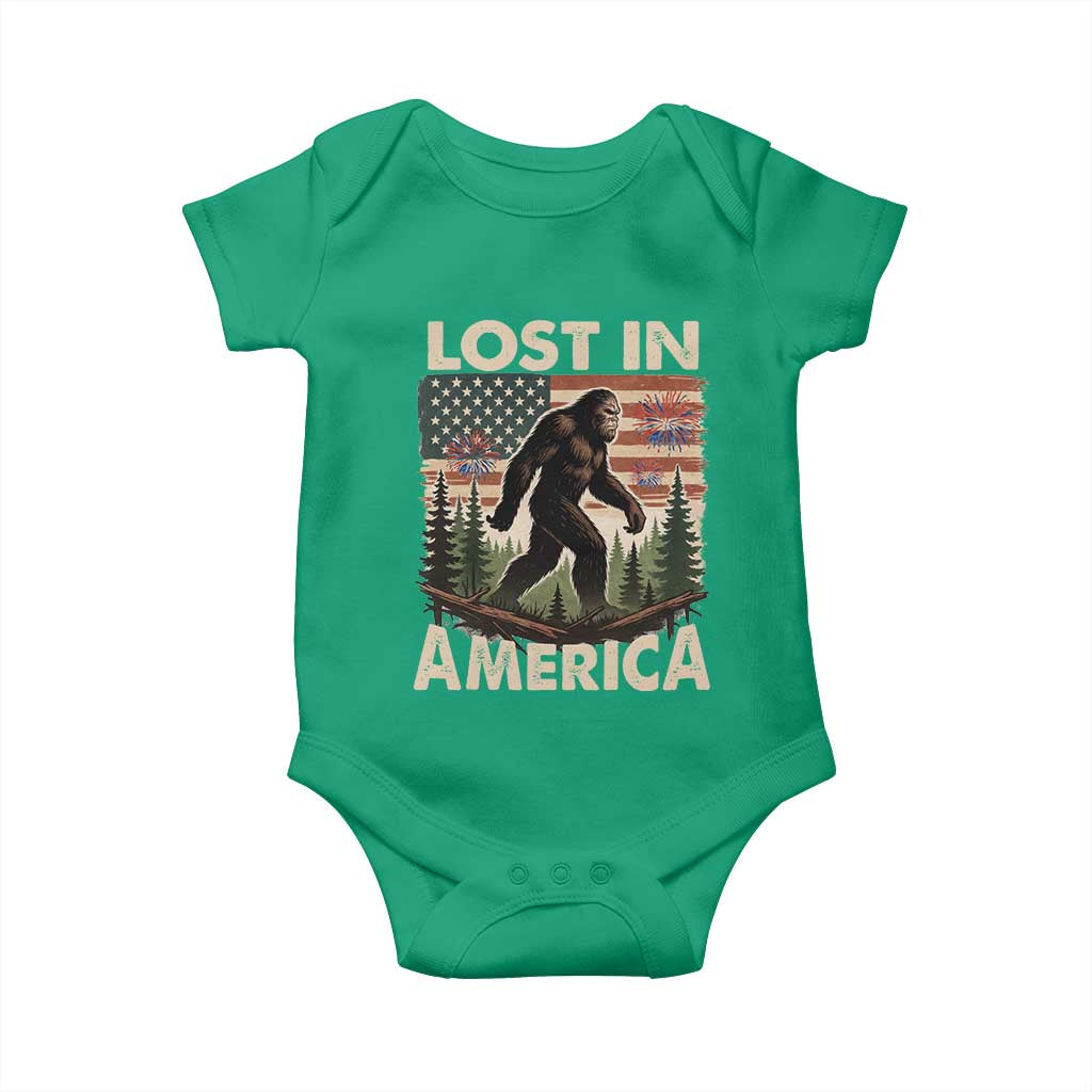 Funny 4th Of July Bigfoot Lost In America Baby Onesie Patriotic Sasquatch US Flag Fireworks - Wonder Print Shop