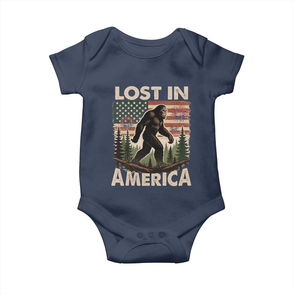Funny 4th Of July Bigfoot Lost In America Baby Onesie Patriotic Sasquatch US Flag Fireworks - Wonder Print Shop