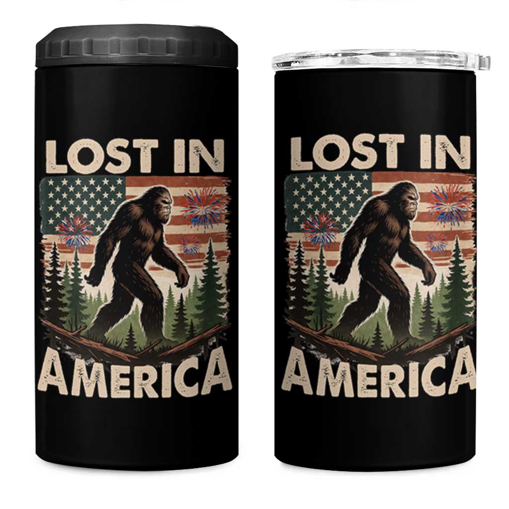 Funny 4th Of July Bigfoot Lost In America 4 in 1 Can Cooler Tumbler Patriotic Sasquatch US Flag Fireworks - Wonder Print Shop
