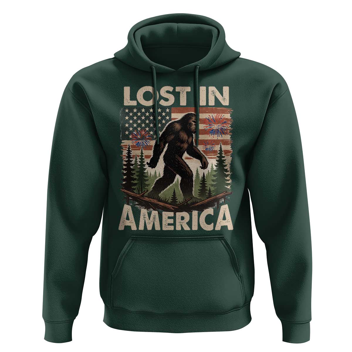 Funny 4th Of July Bigfoot Lost In America Hoodie Patriotic Sasquatch US Flag Fireworks - Wonder Print Shop