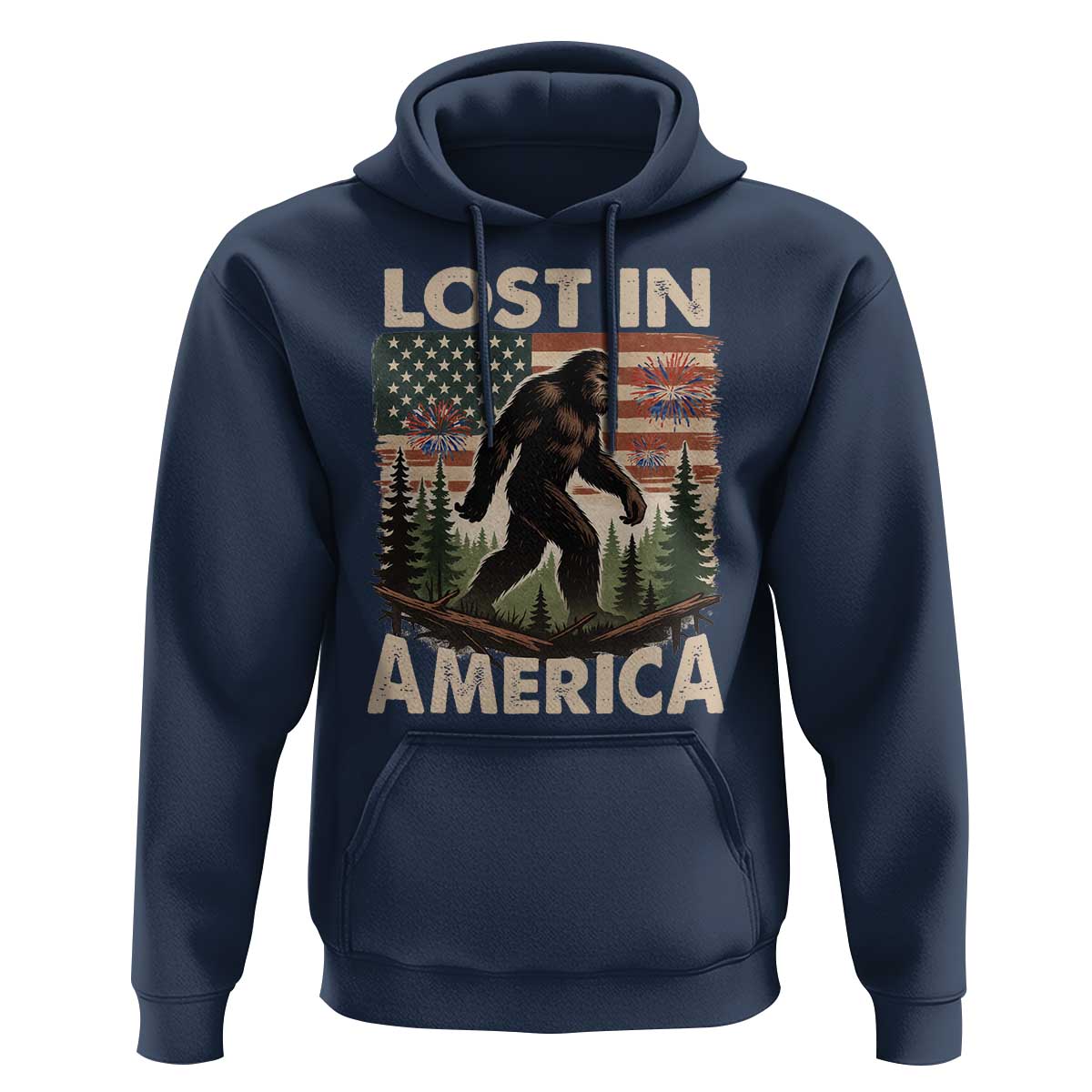 Funny 4th Of July Bigfoot Lost In America Hoodie Patriotic Sasquatch US Flag Fireworks - Wonder Print Shop