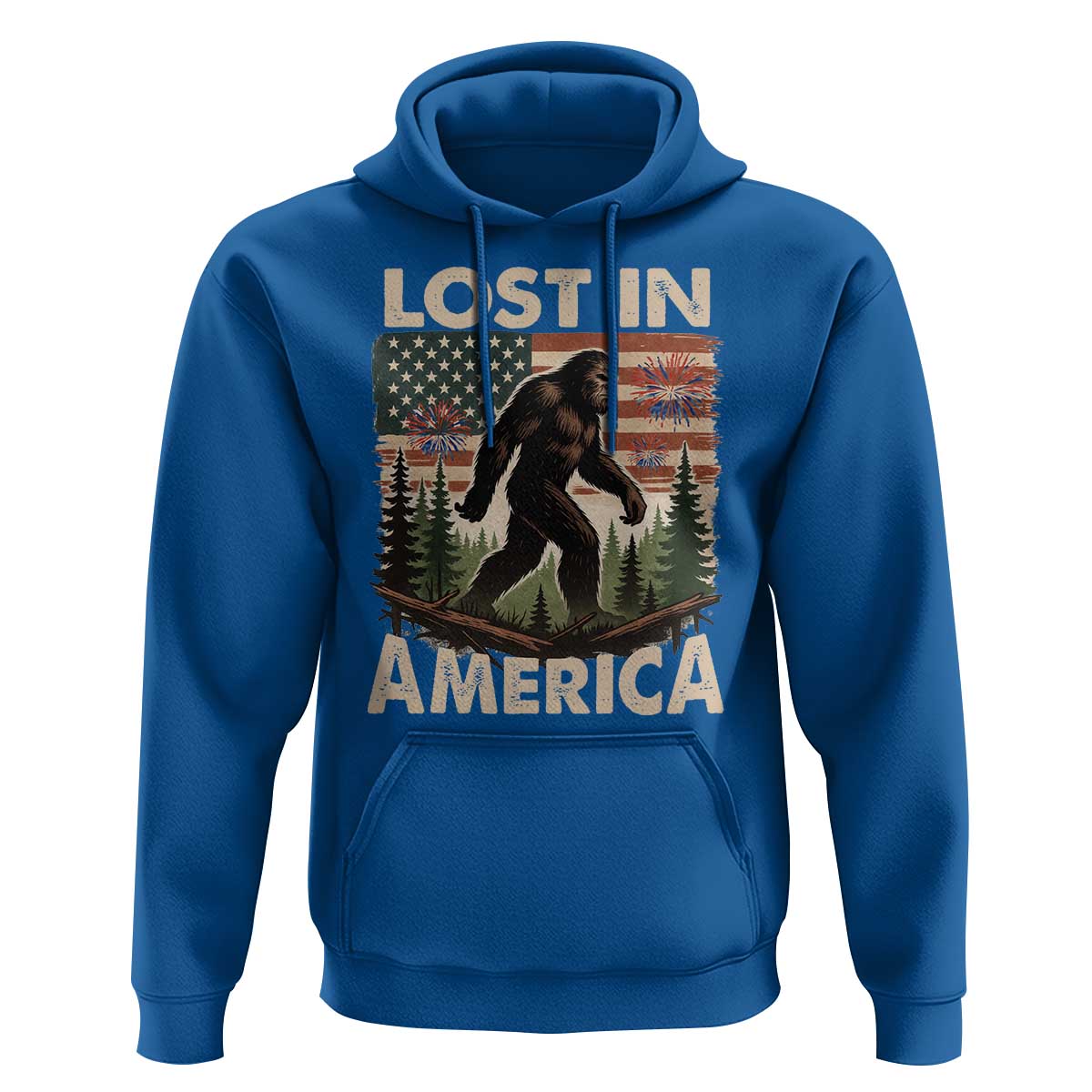Funny 4th Of July Bigfoot Lost In America Hoodie Patriotic Sasquatch US Flag Fireworks - Wonder Print Shop