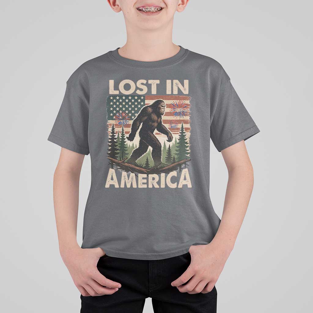 Funny 4th Of July Bigfoot Lost In America T Shirt For Kid Patriotic Sasquatch US Flag Fireworks - Wonder Print Shop