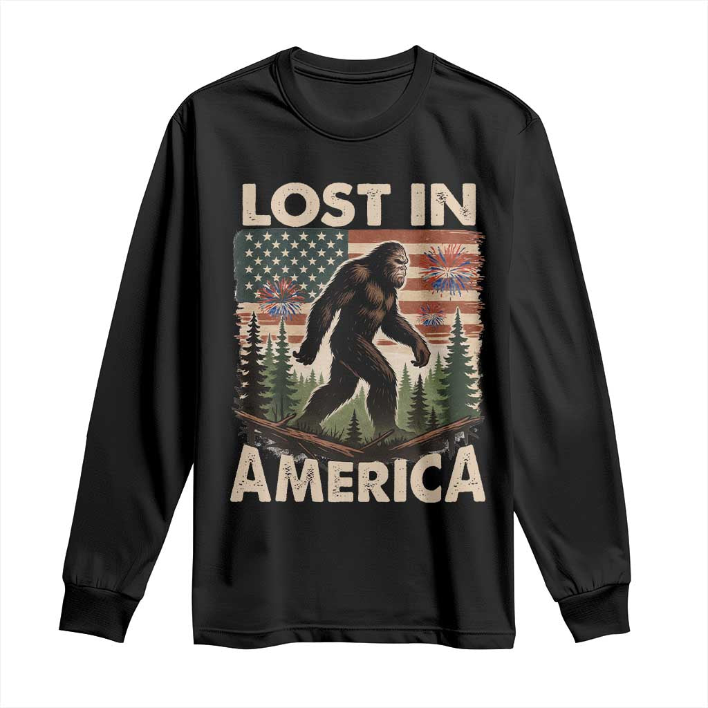 Funny 4th Of July Bigfoot Lost In America Long Sleeve Shirt Patriotic Sasquatch US Flag Fireworks - Wonder Print Shop